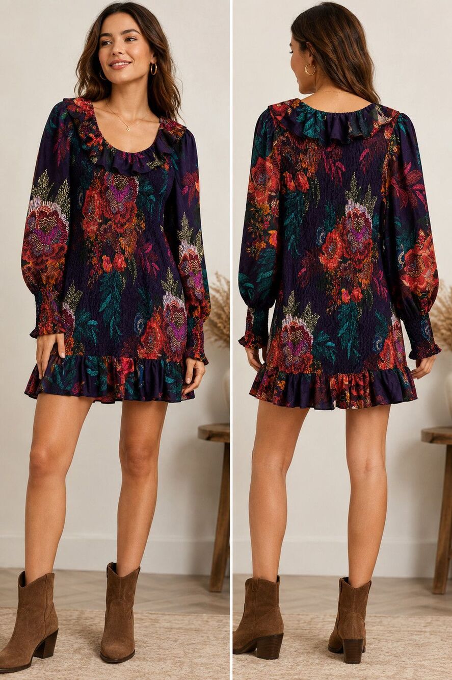 FARM Rio Flower Scarves Smocked Floral Mini Dress Purple Long Sleeve Size M